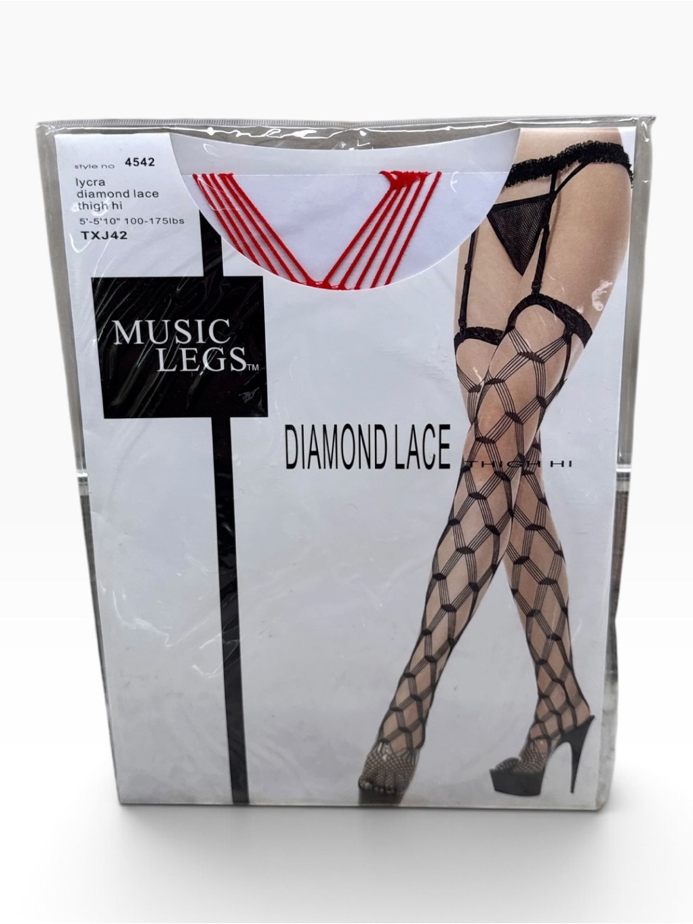 Music Legs Lycra Diamond Lace Thigh Hi Garterbelt Stockings 4542 Red 100-175lbs